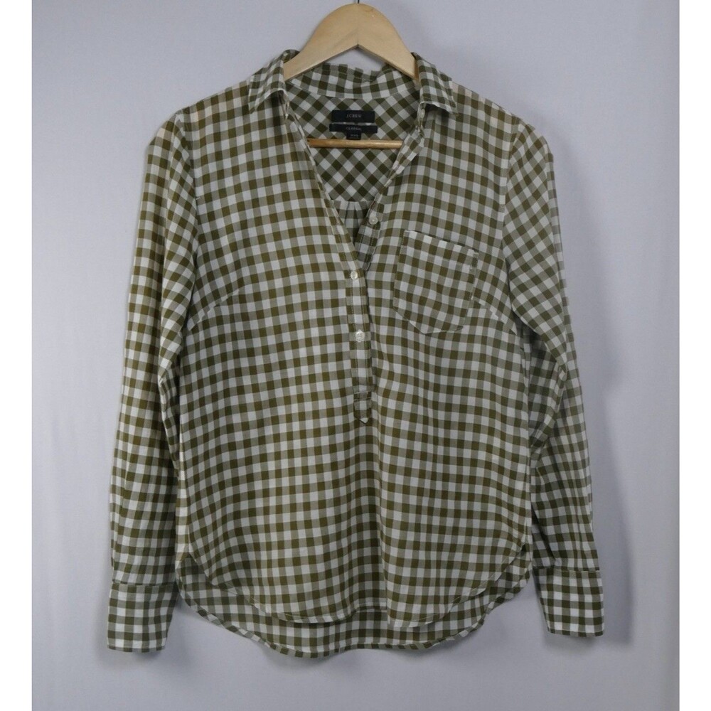 J.Crew Olive Green Gingham Check Button Front Shirt Long Sleeve Pocket